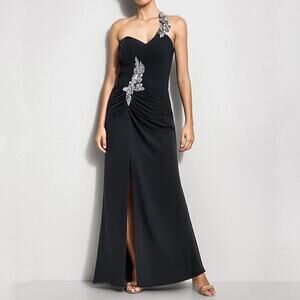 Black Embellished Gown A-Line Maxi Dress 6 Sequin One Shoulder Prom Bridesmaid